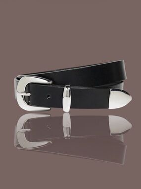 💕MADWELL Slim Leather Western Belt Polished Silver-Tone Buckle • BLACK • SMALL